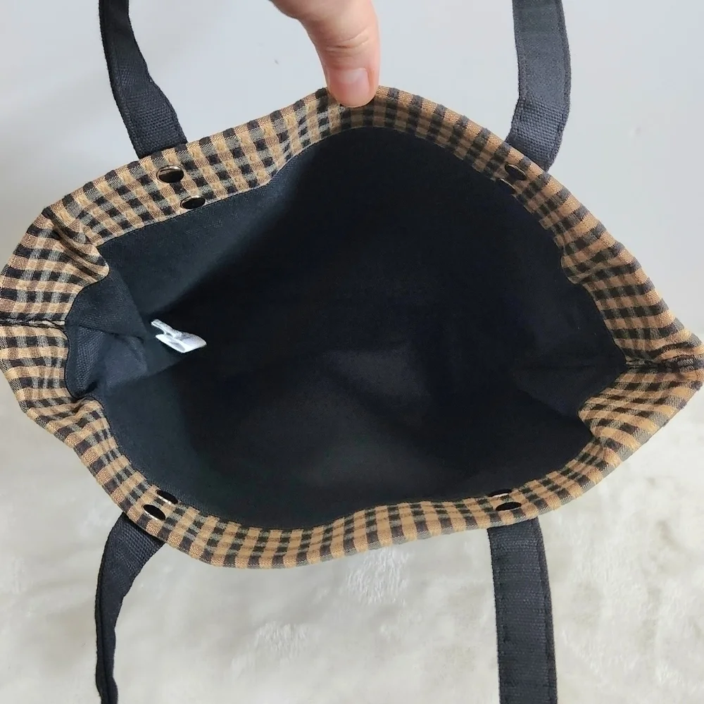 Longaberger Homestead Black Tan Checkered Plaid Tote Bag